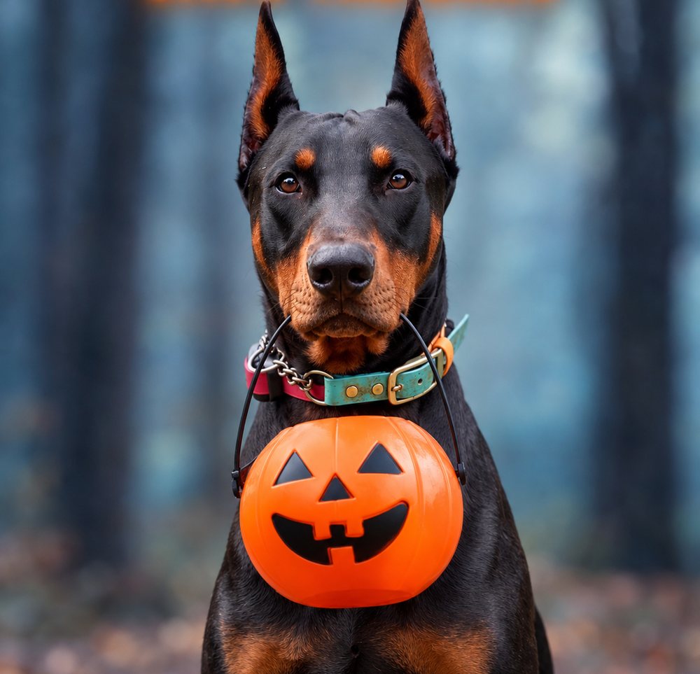 Doberman sentado segurando um balde de abóbora de Halloween na boca, com floresta azulada ao fundo