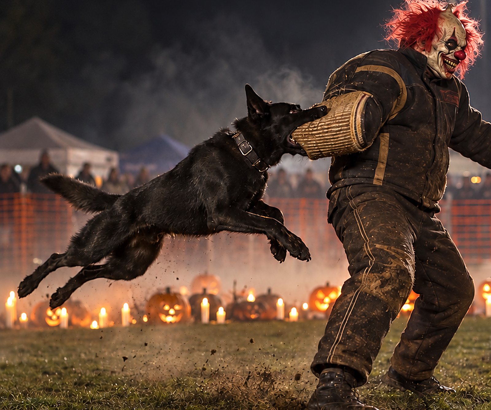 Cão preto em salto mordendo a manga de proteção de um figurante fantasiado de palhaço, com abóboras e velas acesas no campo à noite